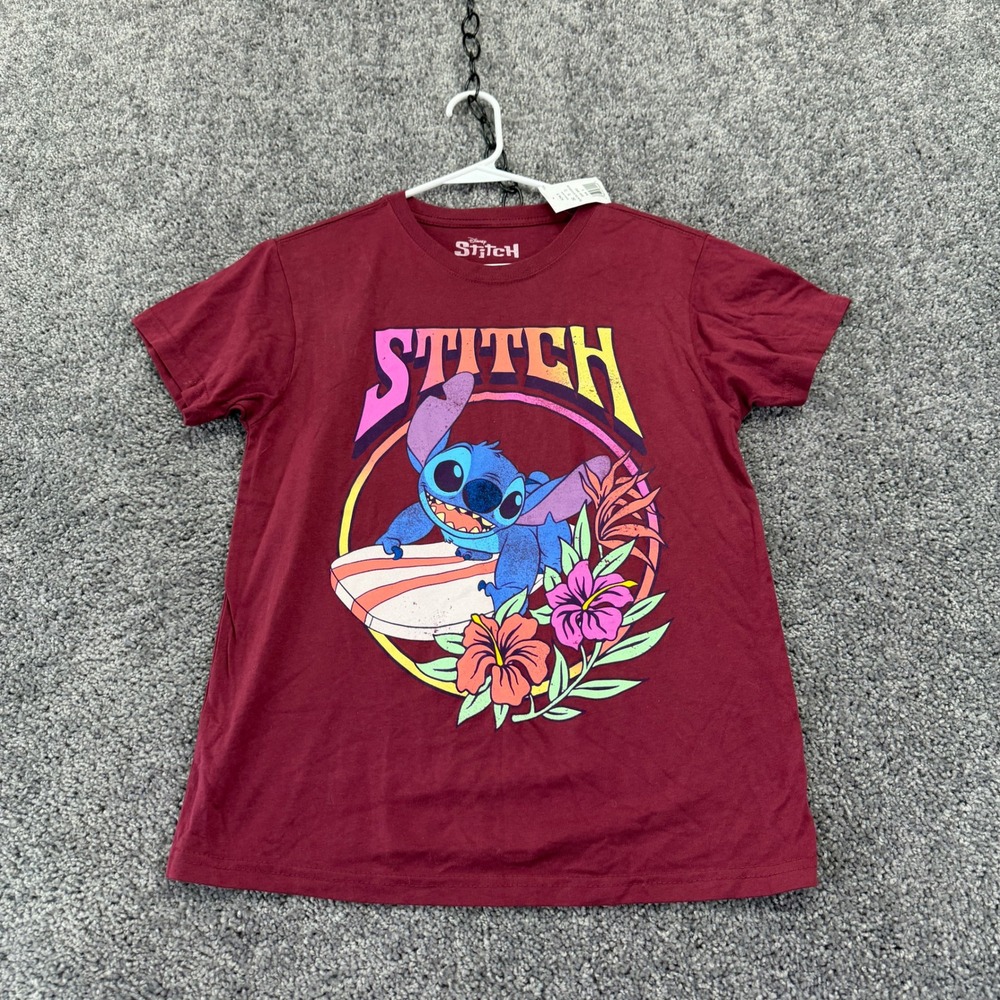 Disney Stitch T Shirt Womens Small Burgundy Graphic Surfing Tropical